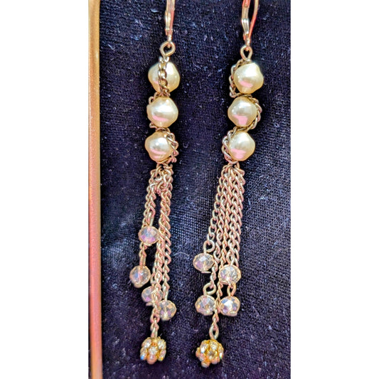 VTG Faux Pearl Crystal Disco Rhinestone Ball Chain Dangle Lever Back Earrings