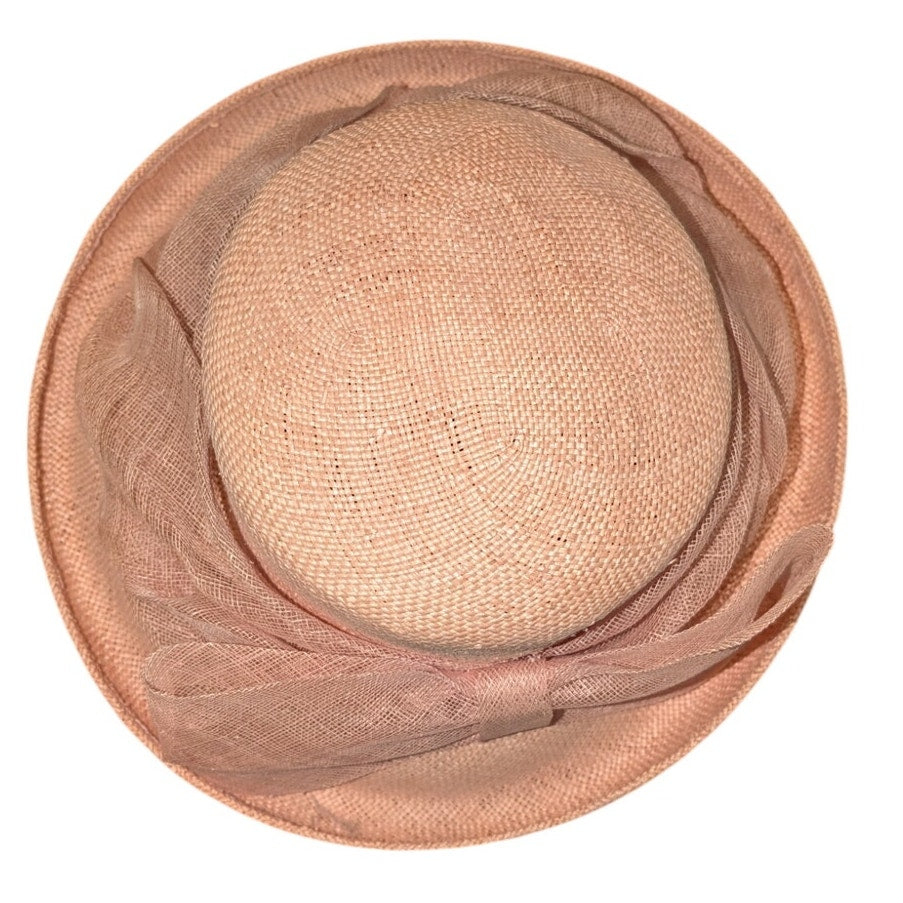 Betmar New York Vintage Blush Pink Straw Bow Detail Straw 22" Hat Upturned Edge