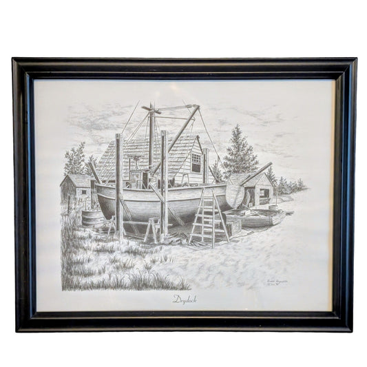 Original Artist Signed Bruce Reynolds Black Wood Framed Pencil Drawing 'Drydock'