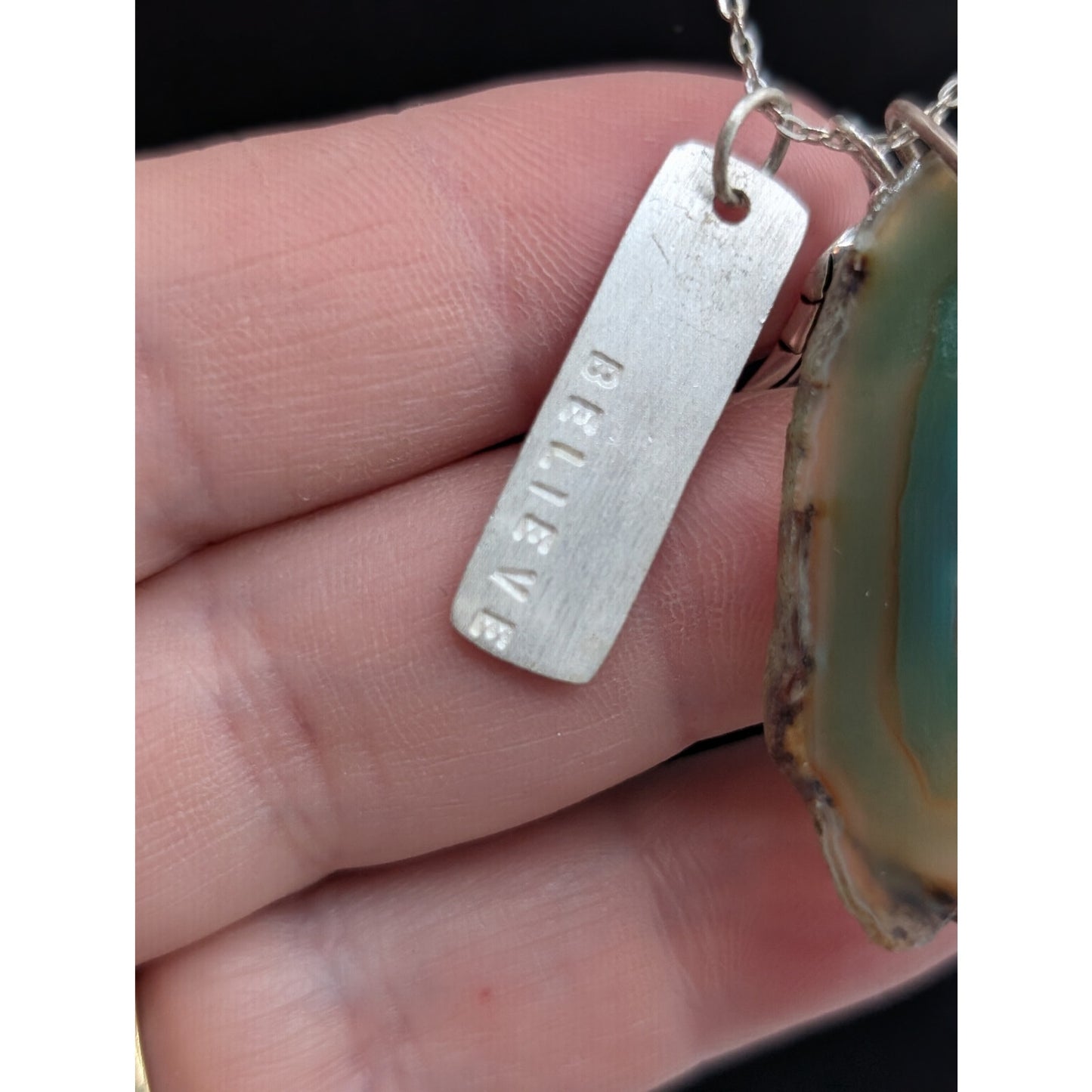 Vtg 925 Sterling Green Agate Slice 'Believe' Angel Wing Charm Pendant Necklace