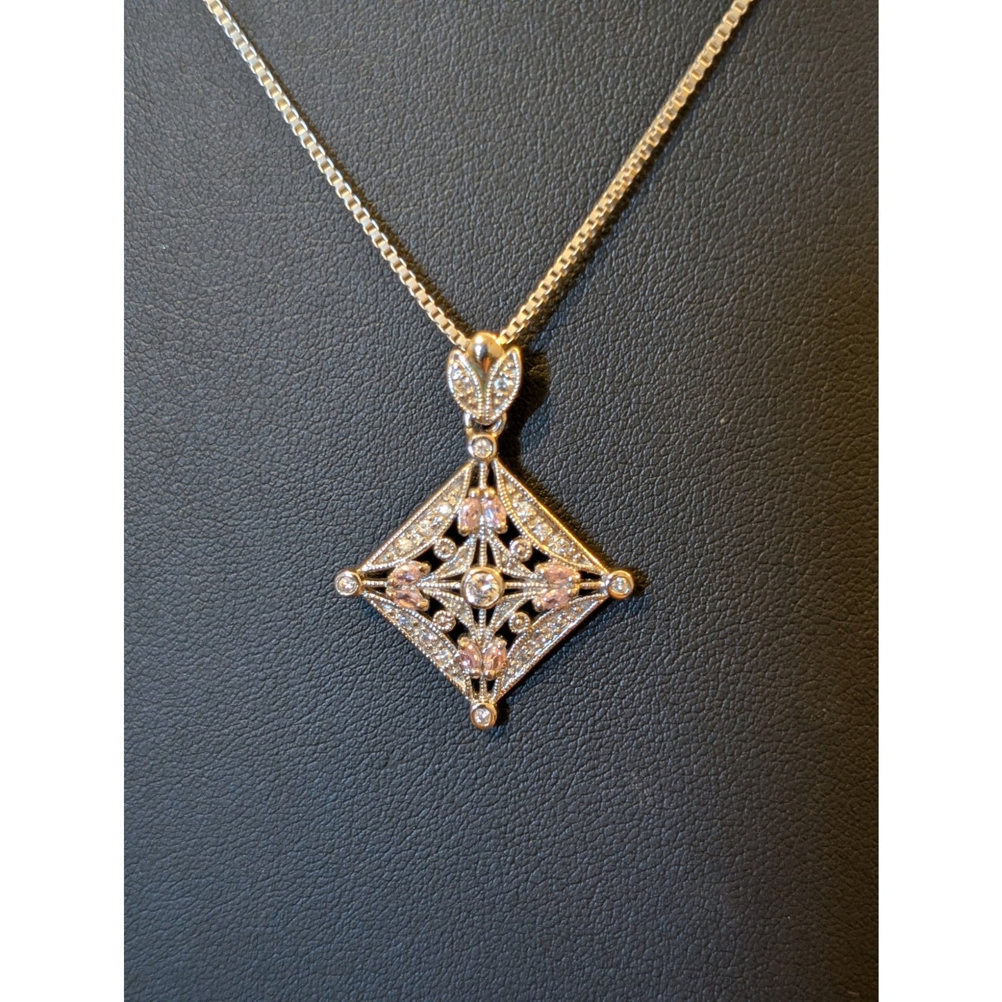 925 Sterling Silver White & Pink CZ Pendant Box Chain 18" Necklace
