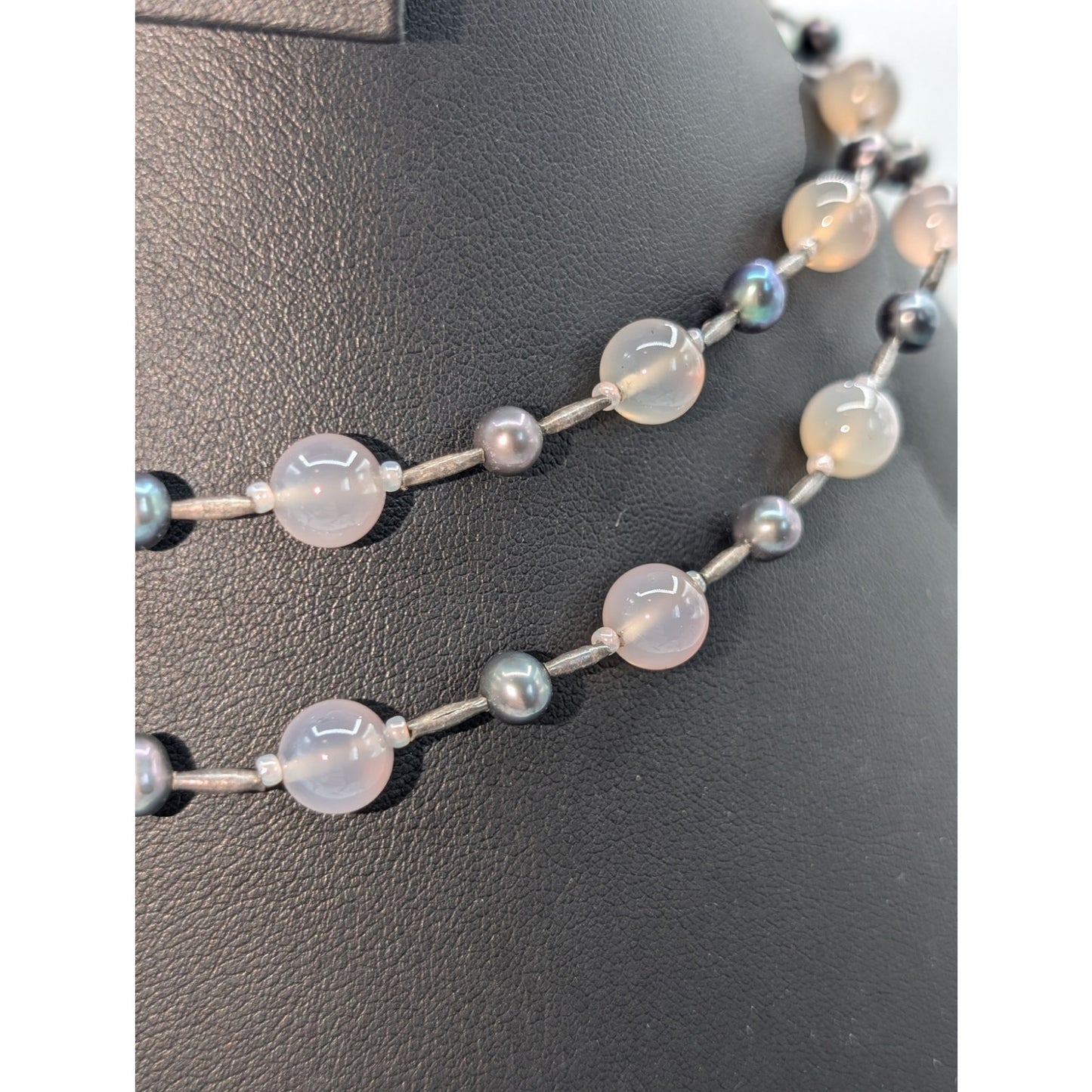 Vintage Opaque Glass & Pearl Bead Double Strand Hook Clasp 15" Necklace