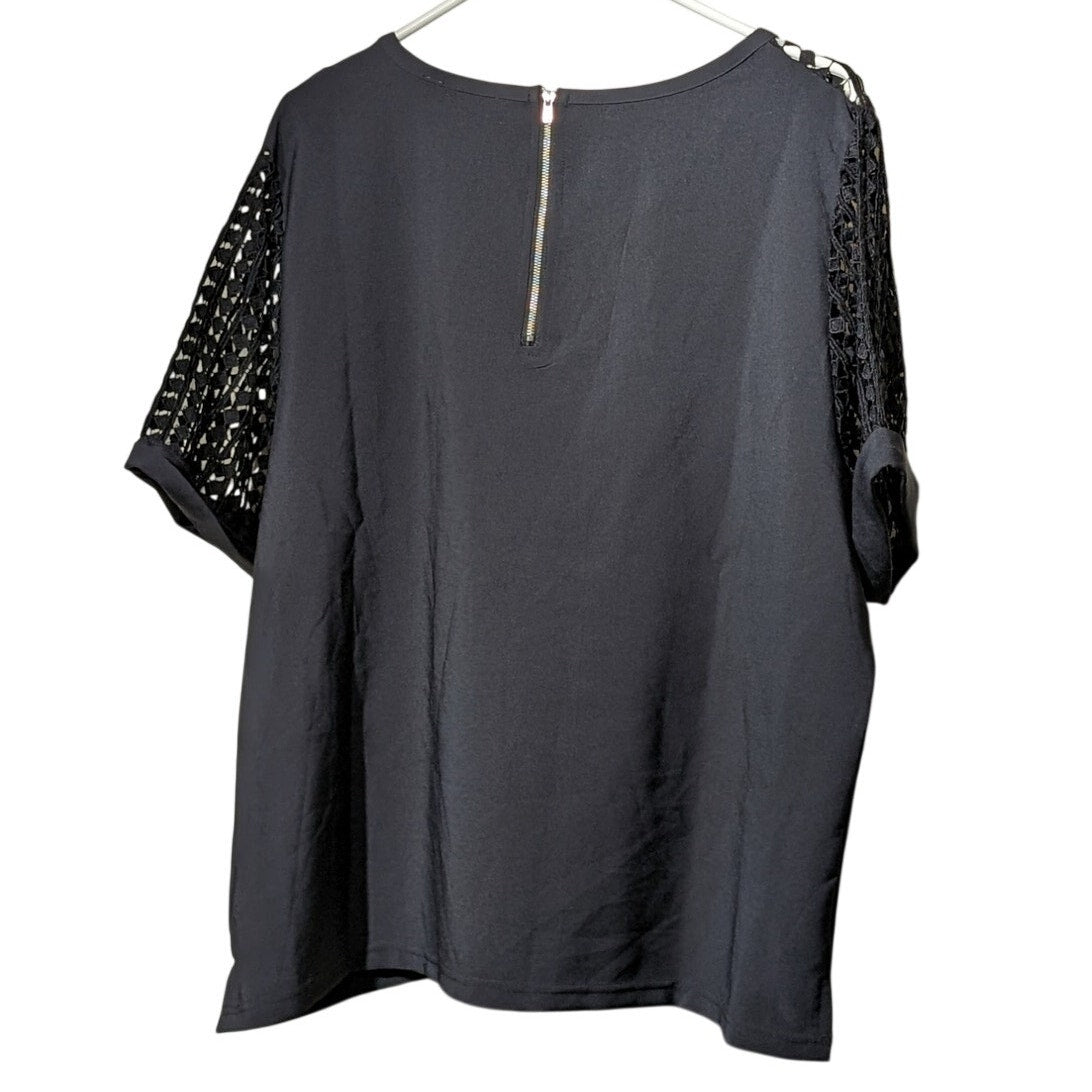 Curve Revolution Black Lace Sleeve/Front Back Zip Roll Sleeve Top Womens Sz 2X