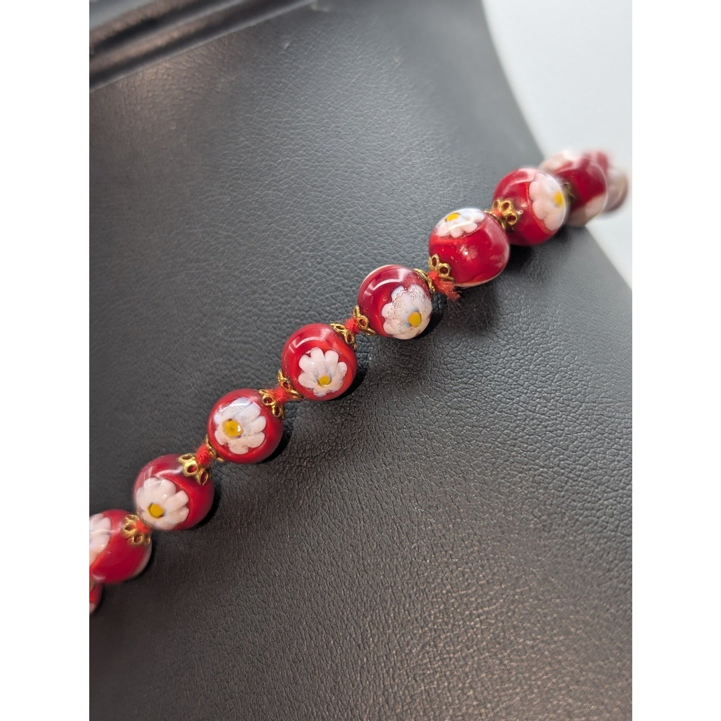 Antica Murrina Venezia Red Glass White Rose Millefiori Bead 16.5" Necklace