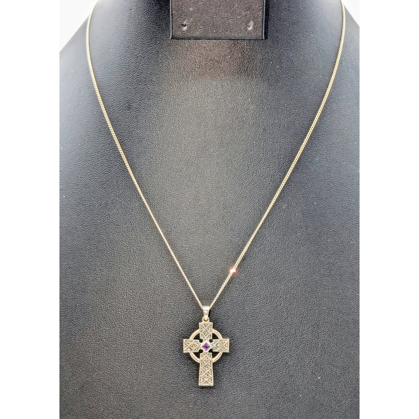 925 Sterling Silver Marcasite Amethyst Celtic Cross Pendant Chain 18" Necklace