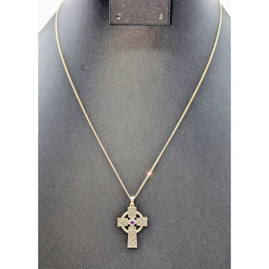 925 Sterling Silver Marcasite Amethyst Celtic Cross Pendant Chain 18" Necklace
