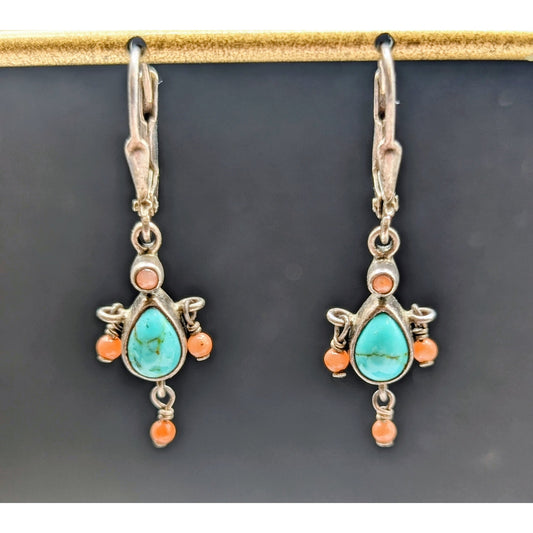 Vintage 925 Sterling Silver Turquoise Coral Bead Lever Back Dangle Earrings