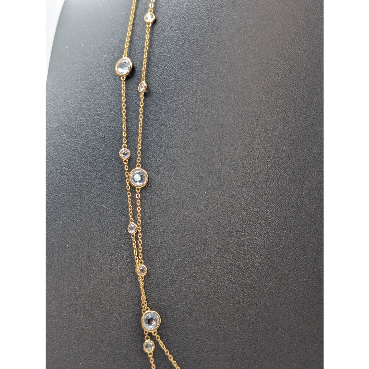 52" Long Gold Tone Bezel Set Small & Larger Glass Crystal Station Chain Necklace