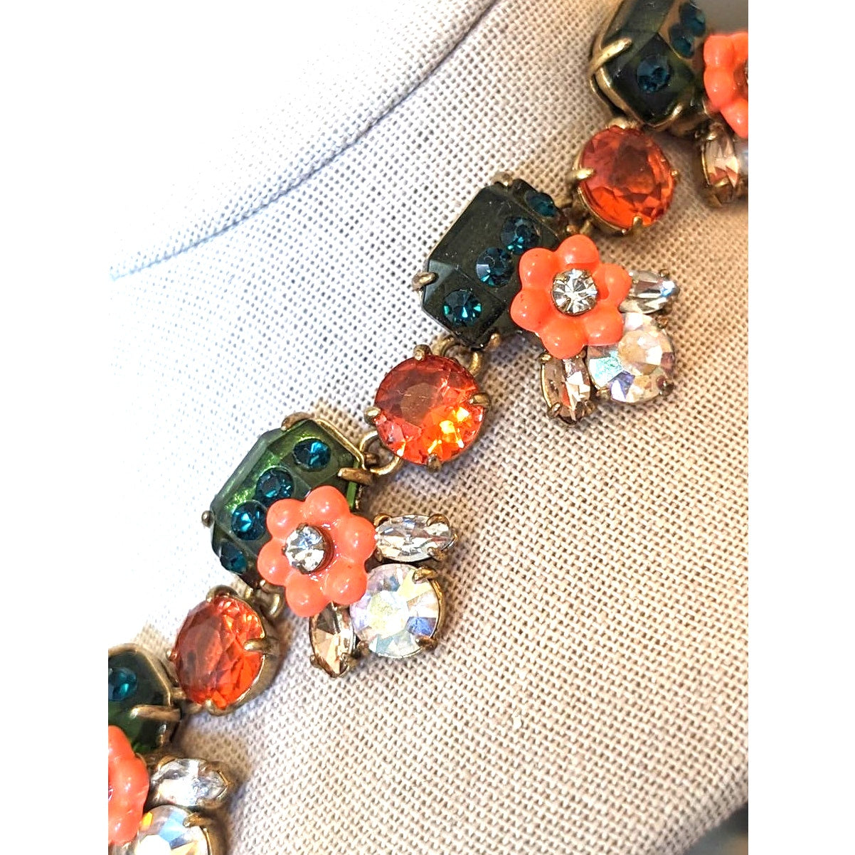 J. Crew Floral Orange Green Jewel Statement Necklace
