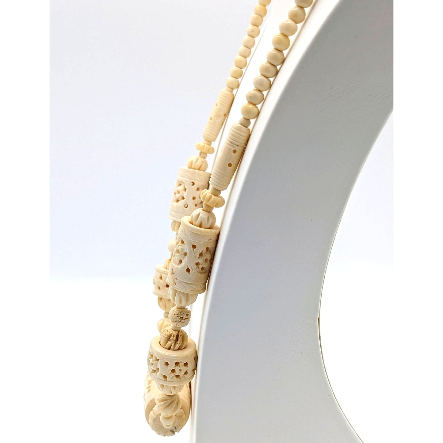 Antique Cream Hand Carved Pierced Bead Barrel Clasp 26" Necklace