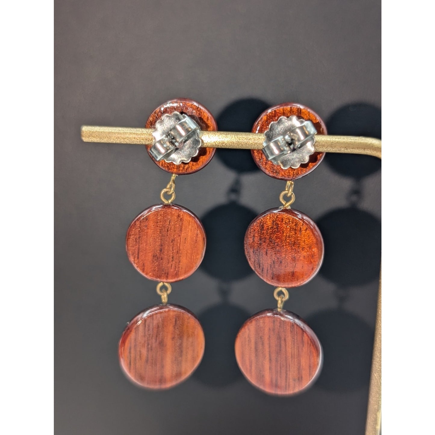 Vintage Three Disk Wood Dangle Earrings