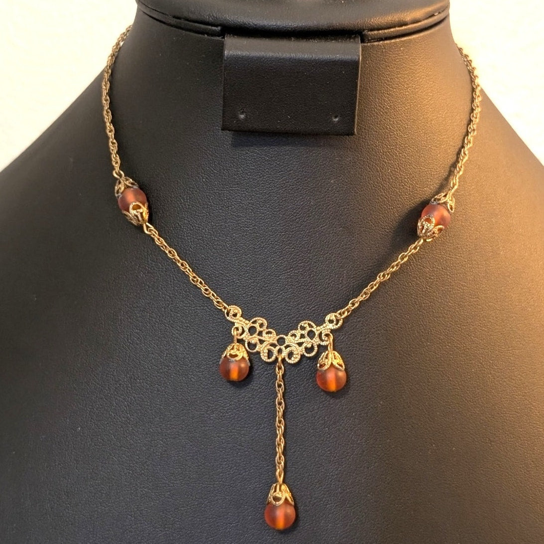 Vintage/Antique Gold Tone Frosted Brown Bead Dangle Chain Hook Clasp Necklace