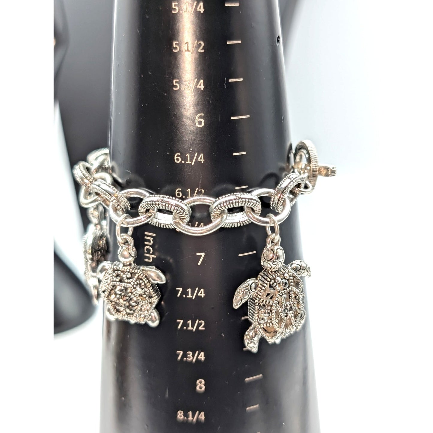 Chunky Silver Tone Marcasite Toggle Clasp Turtle Charm Bracelet