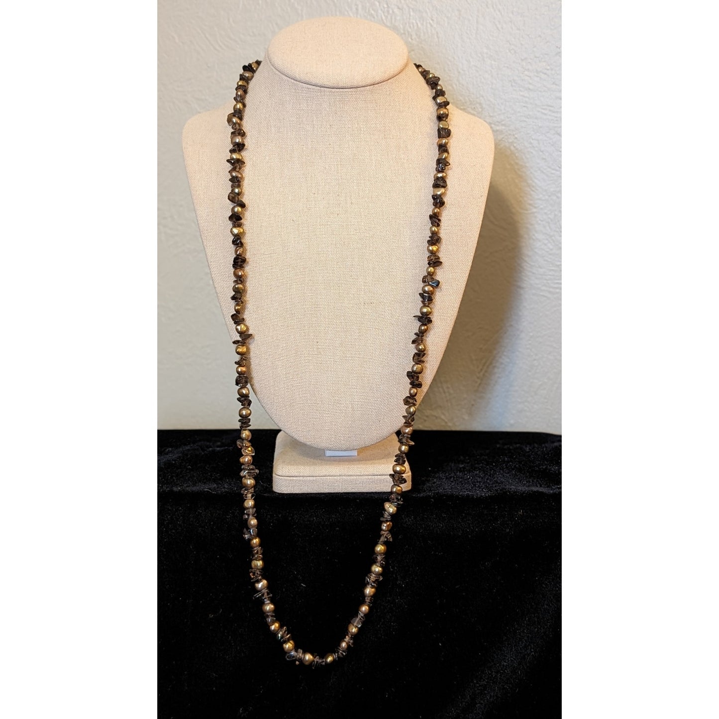 Smoky Quartz Chip Bronze Freshwater Pearl 34" Necklace