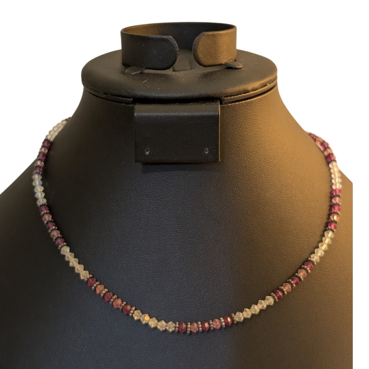 Vtg Boho Clear Purple Pink Crystal Bicone Bead Choker 17" Hook Clasp Necklace