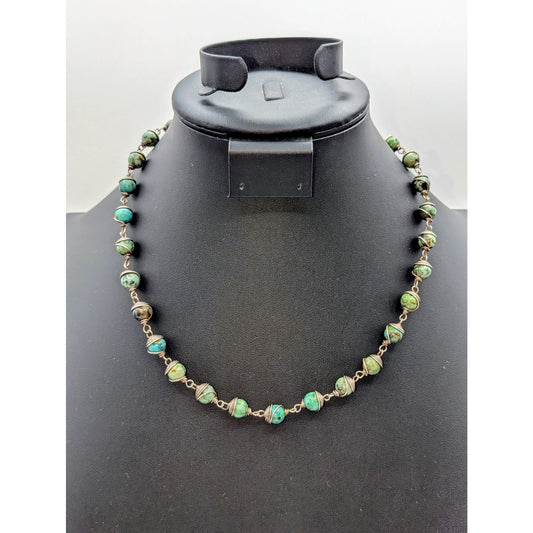 Vintage Blue/Green Stone Caged Wire Bead Wire Hook Clasp 19.5" Necklace