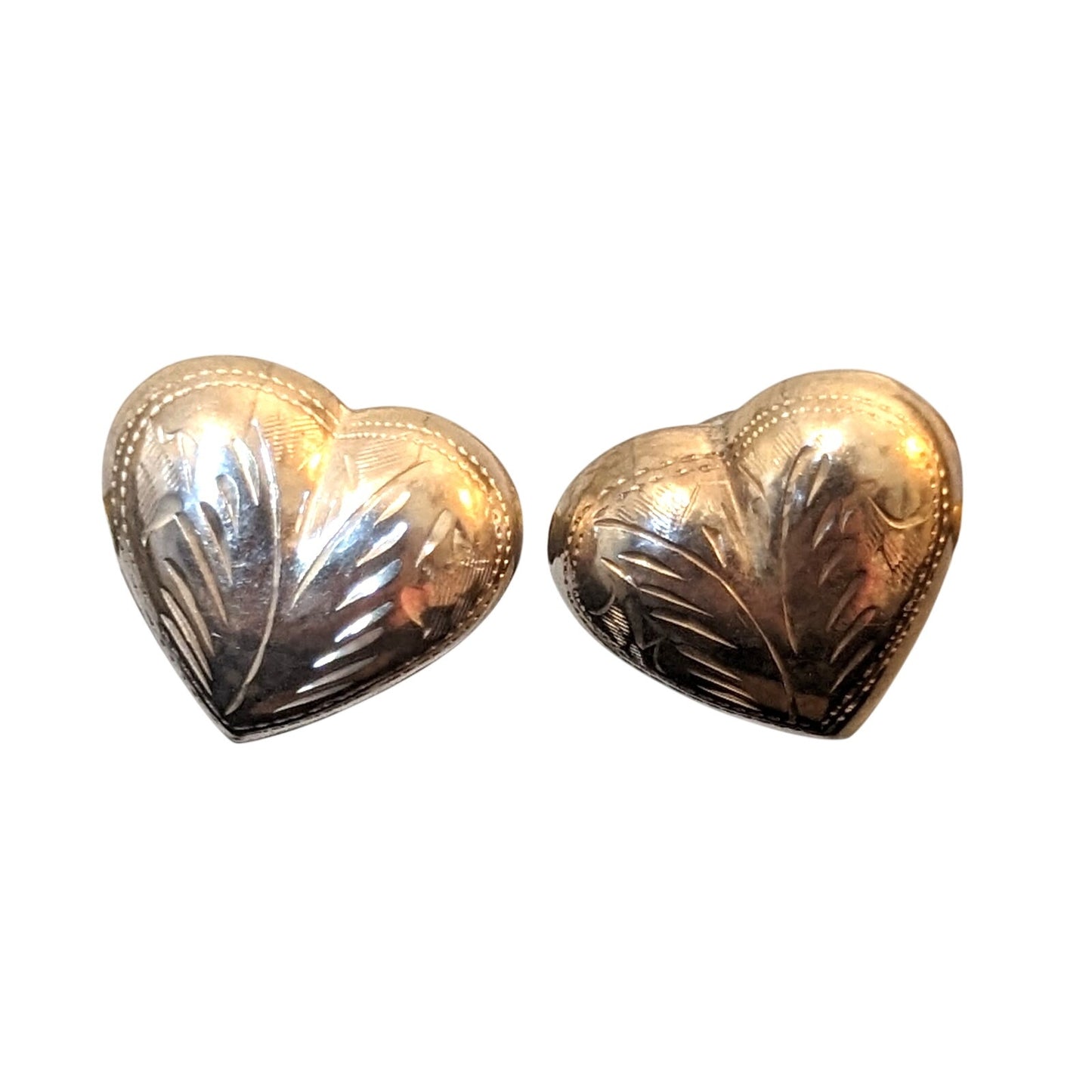 Vintage Puffed Etched Heart Post Marked 925 Sterling Silver Earrings