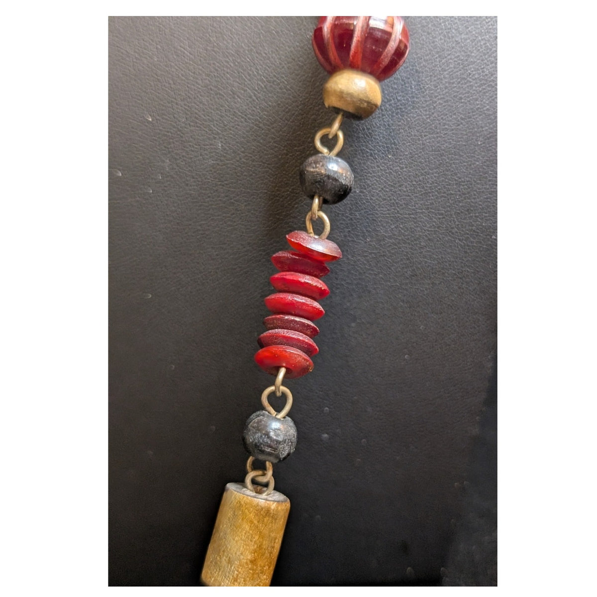 Vintage Tribal Carved Wood Elephant & Wood Bead 40" Necklace