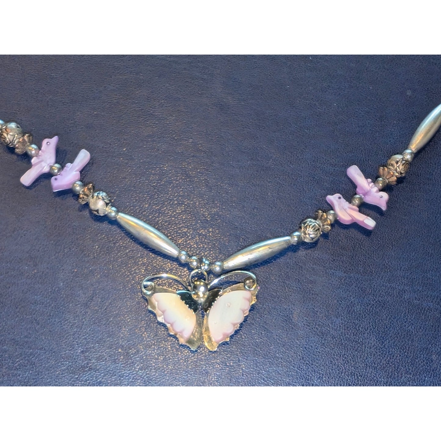 Vintage Liquid Silver Pink Shell Butterfly & Bird Barrel Clasp 18" Necklace