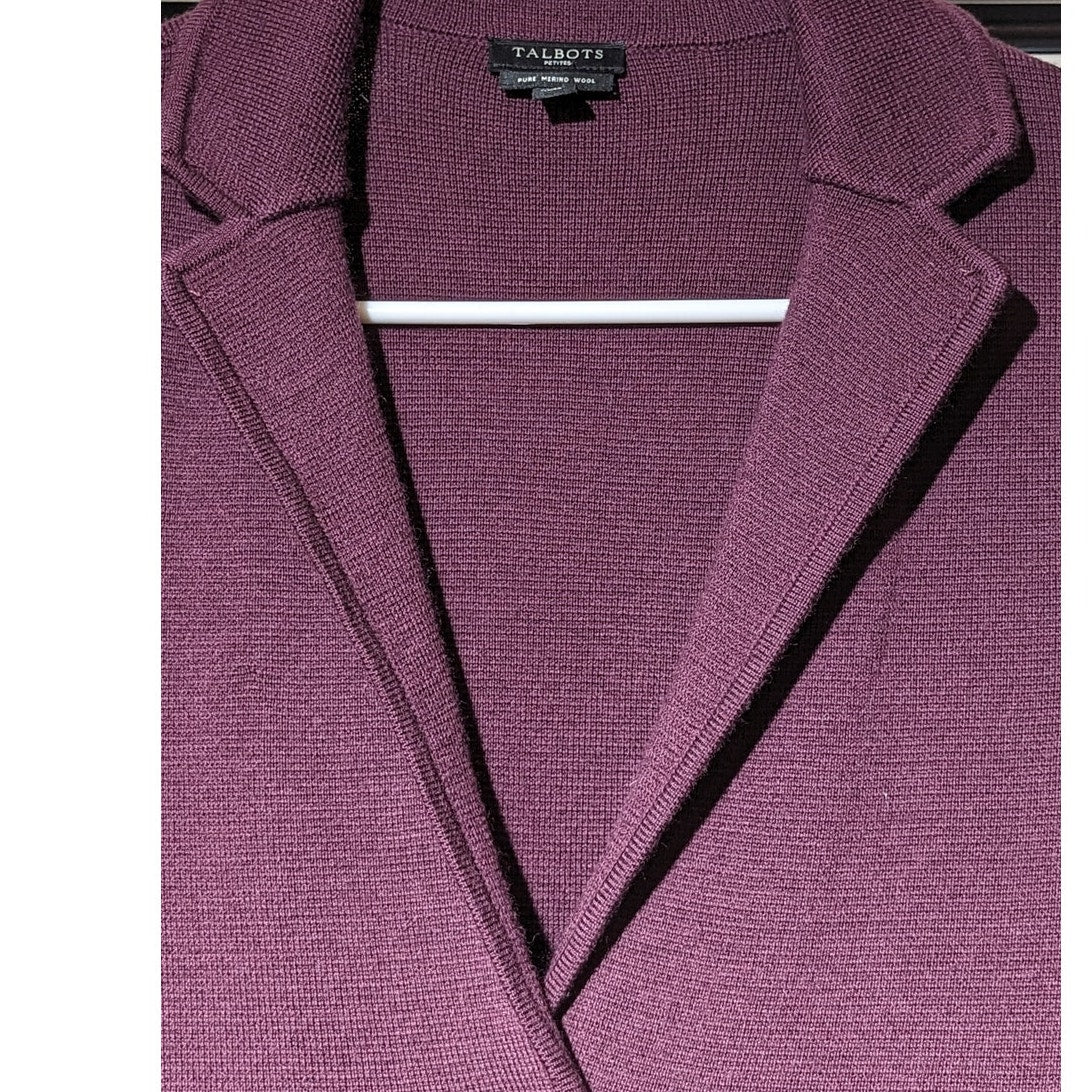 Talbots Pure Merino Wool Plum Three Button Pocket Sweater Blazer Sz Petite S