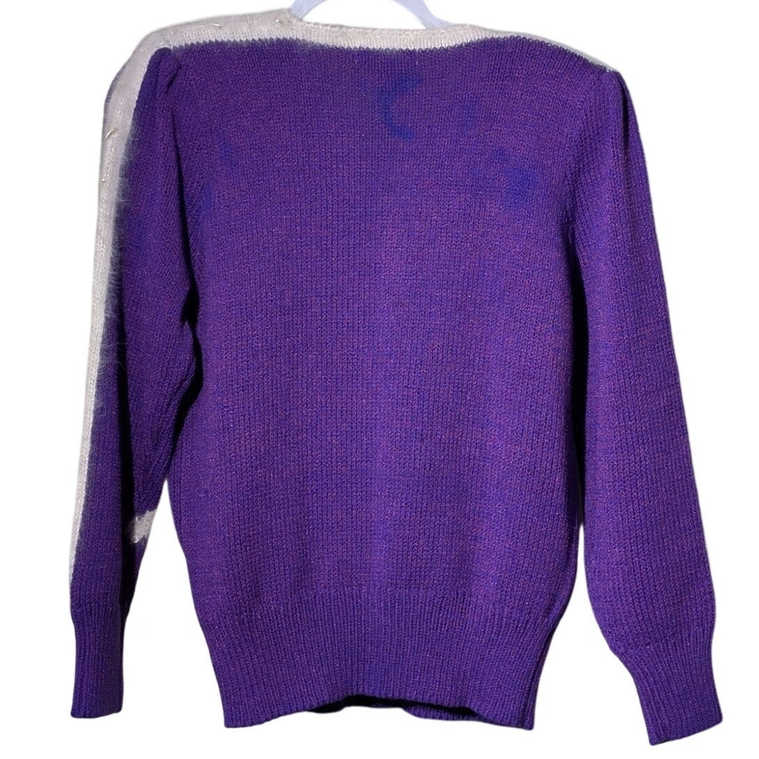 Vintage 80s Christine Purple Angora Bows Faux Pearls Sequin Sweater Women's M