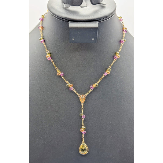 Gold Tone Purple Green Gold Glass Teardrop Bead Y Dangle 16.5" Necklace
