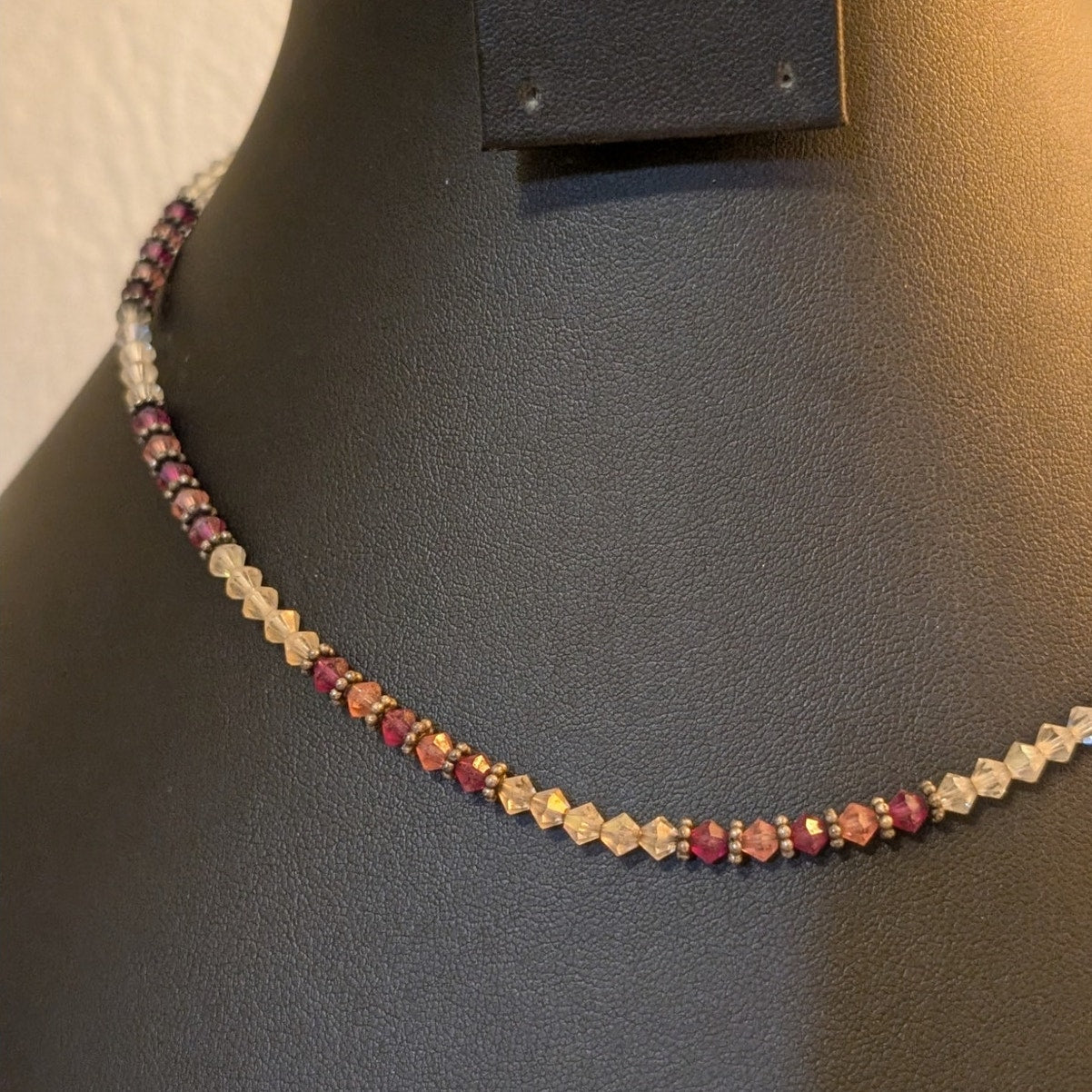 Vtg Boho Clear Purple Pink Crystal Bicone Bead Choker 17" Hook Clasp Necklace