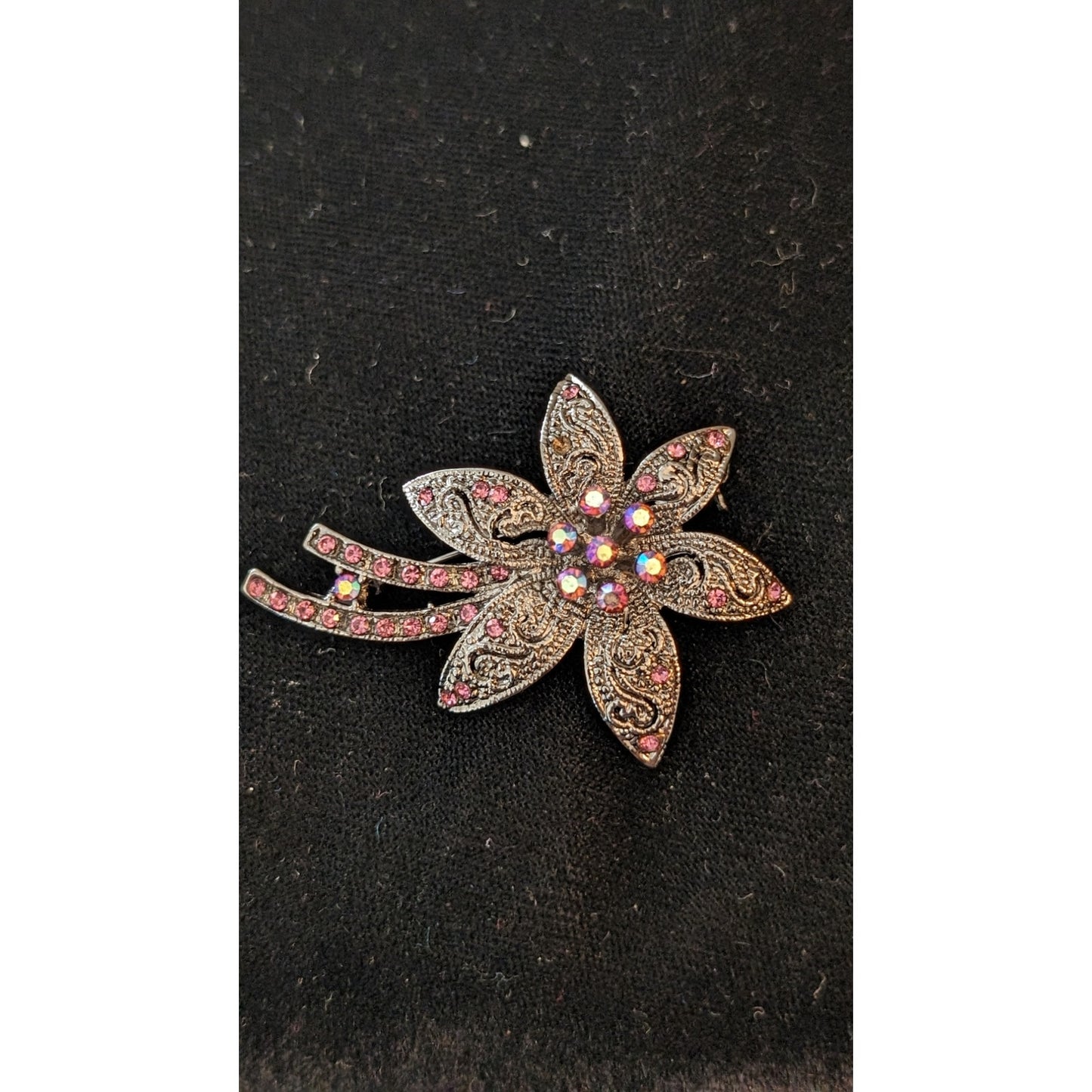 Pink AB Crystal Silver Tone Filigree Floral Brooch