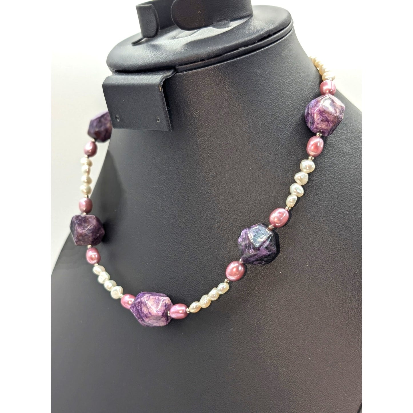 Lee Sands Purple Stone Freshwater Pearls Silver Tone Clasp 18" Necklace