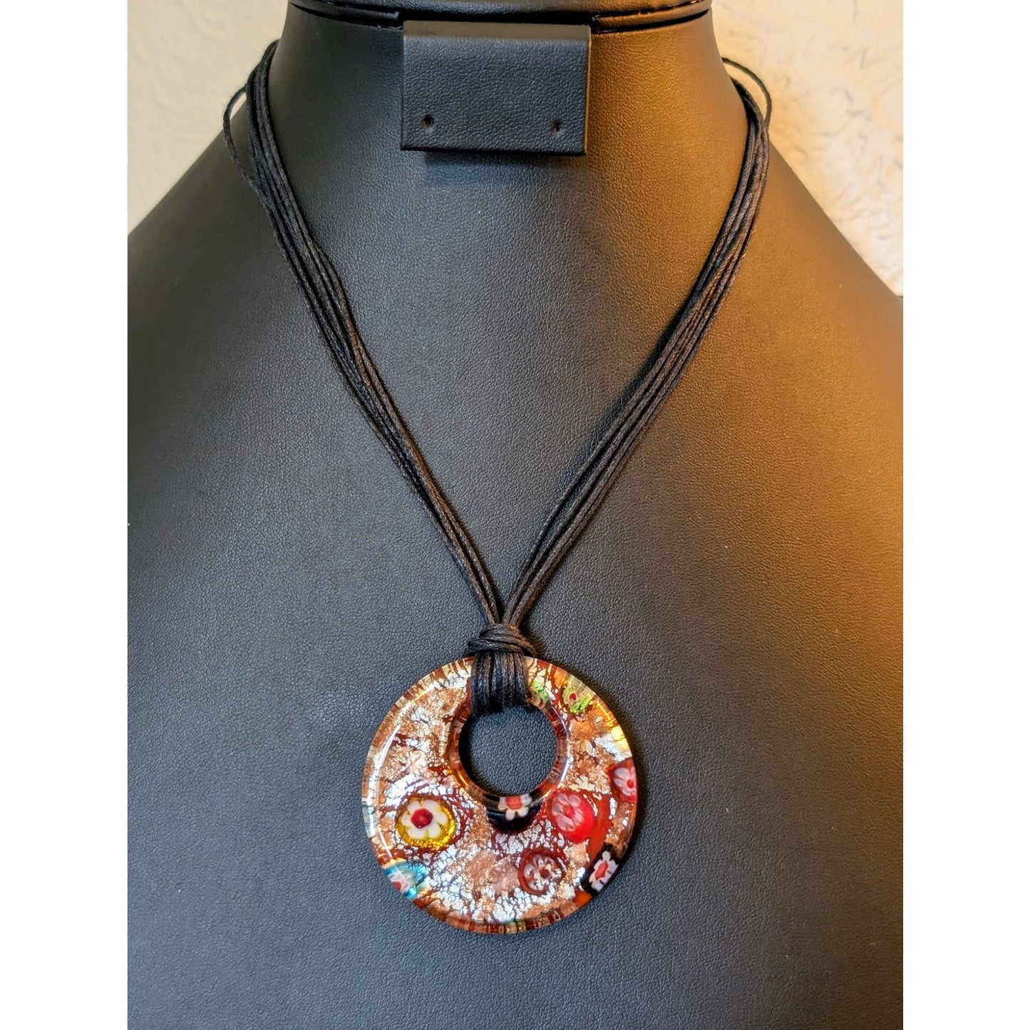 Funky Boho Retro Glass Flower Pendant Cord Necklace