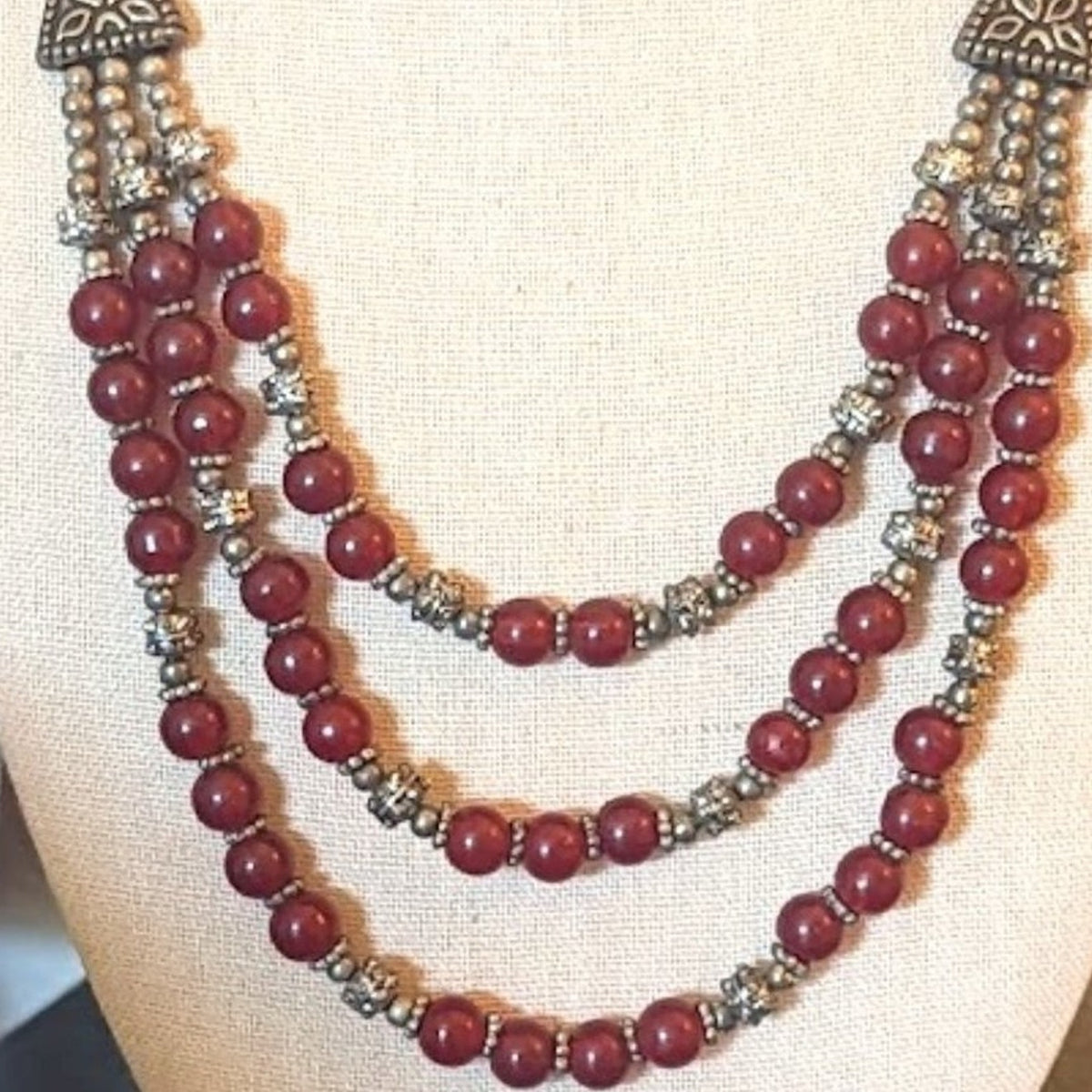 Vtg One Into Three Strand Red Glass Bead Silver Tone Necklace with Hook Clasp