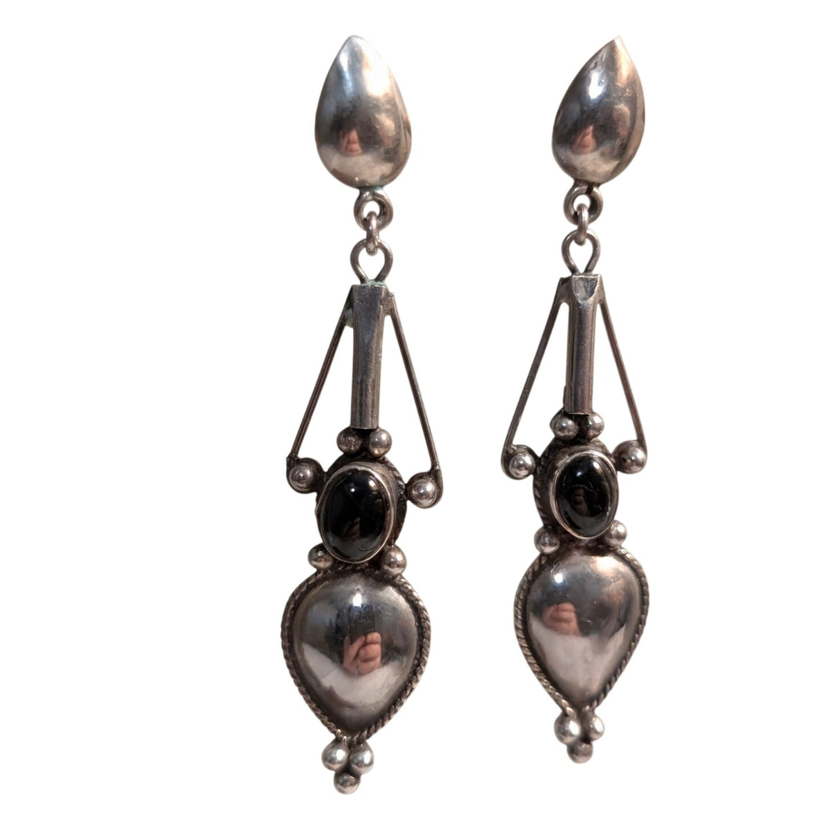 Vintage 925 Sterling Silver Bezel Set Onyx Long Dangle Post Pierced Earrings
