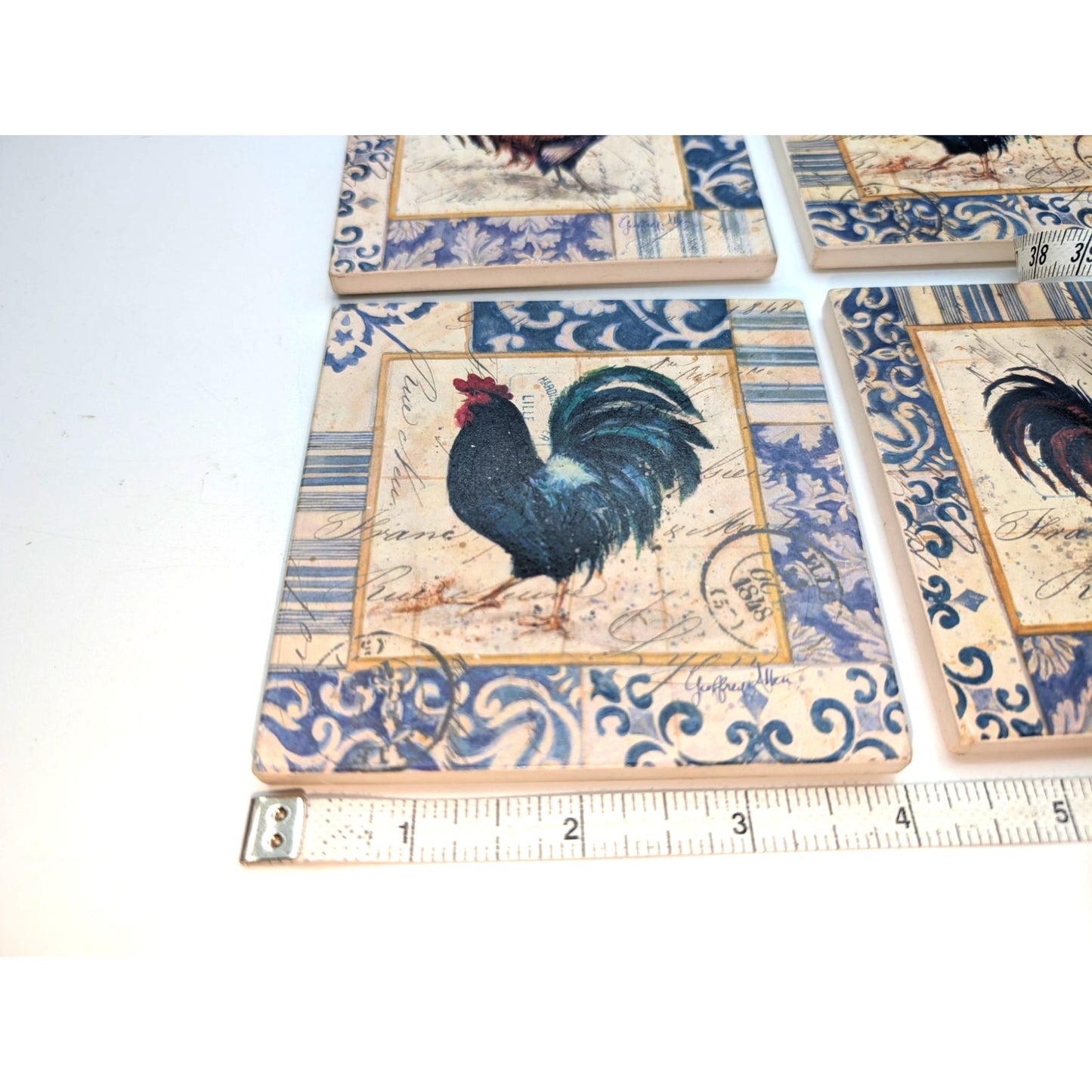 Set of Four Blue "French Rooster" Natural Stoneware Cork Backed Coasters