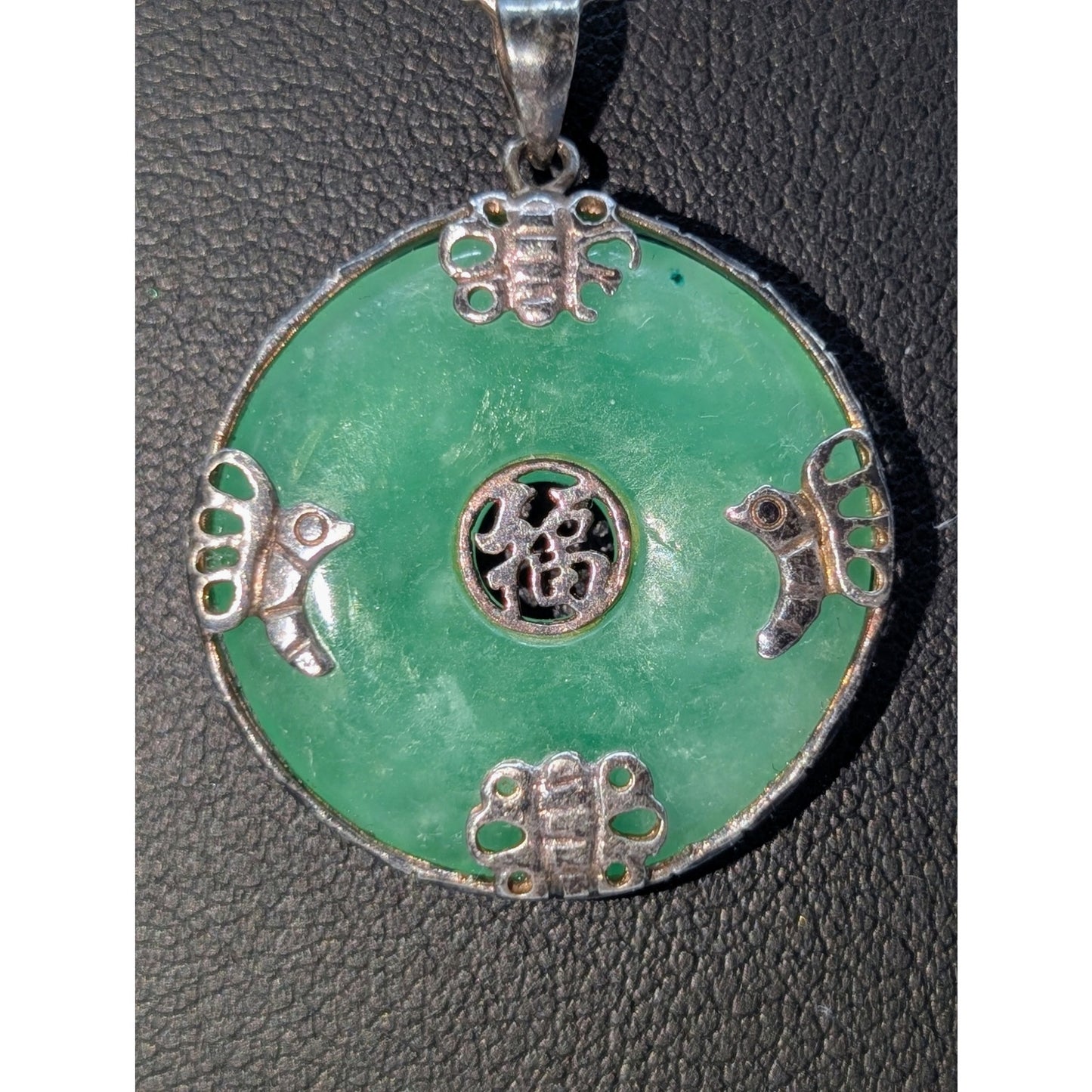 VTG Chinese 925 Silver & Authentic Jade Vintage 1" Pendant 19.75" Chain Necklace