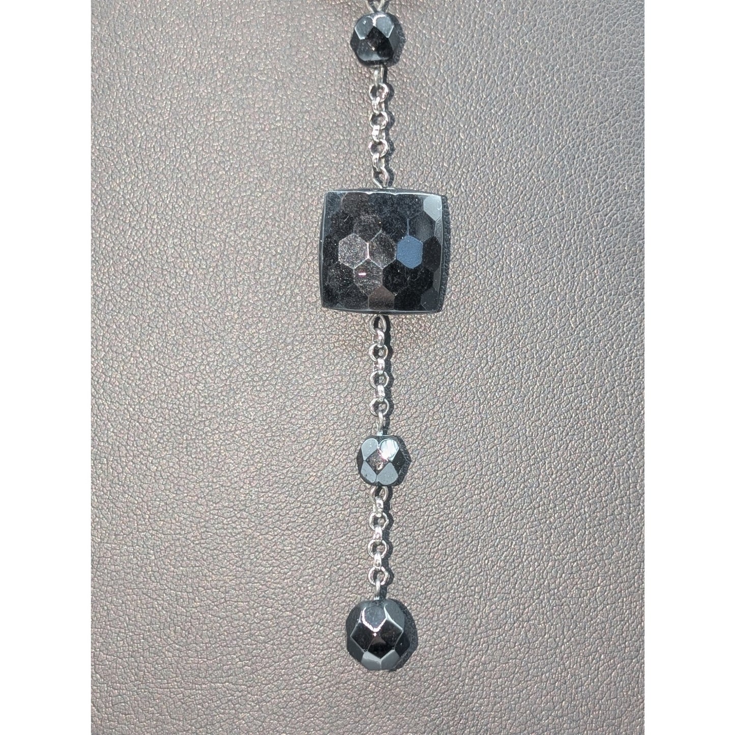 Black Crystal Gun Metal Y-Drop Chain 15"-17.5" Necklace & Matching Earring Set