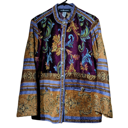 VTG Sag Harbor Purples Gold Floral Tapestry Button Front Unlined Jacket Sz 12
