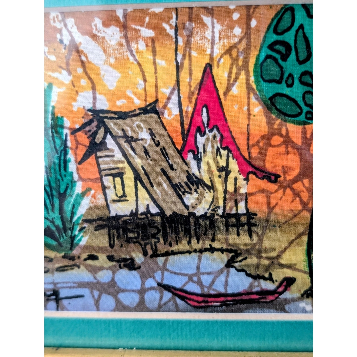 Vintage Signed Malaysian Village Batik Gilt Wood Framed Small Art Under Glass