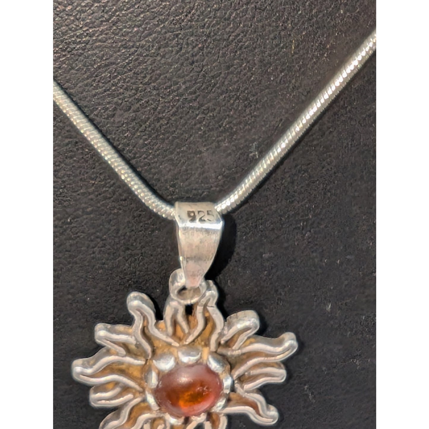 Vtg 925 Sterling Silver Amber Color Stone Sunburst Pendant 16" Chain Necklace