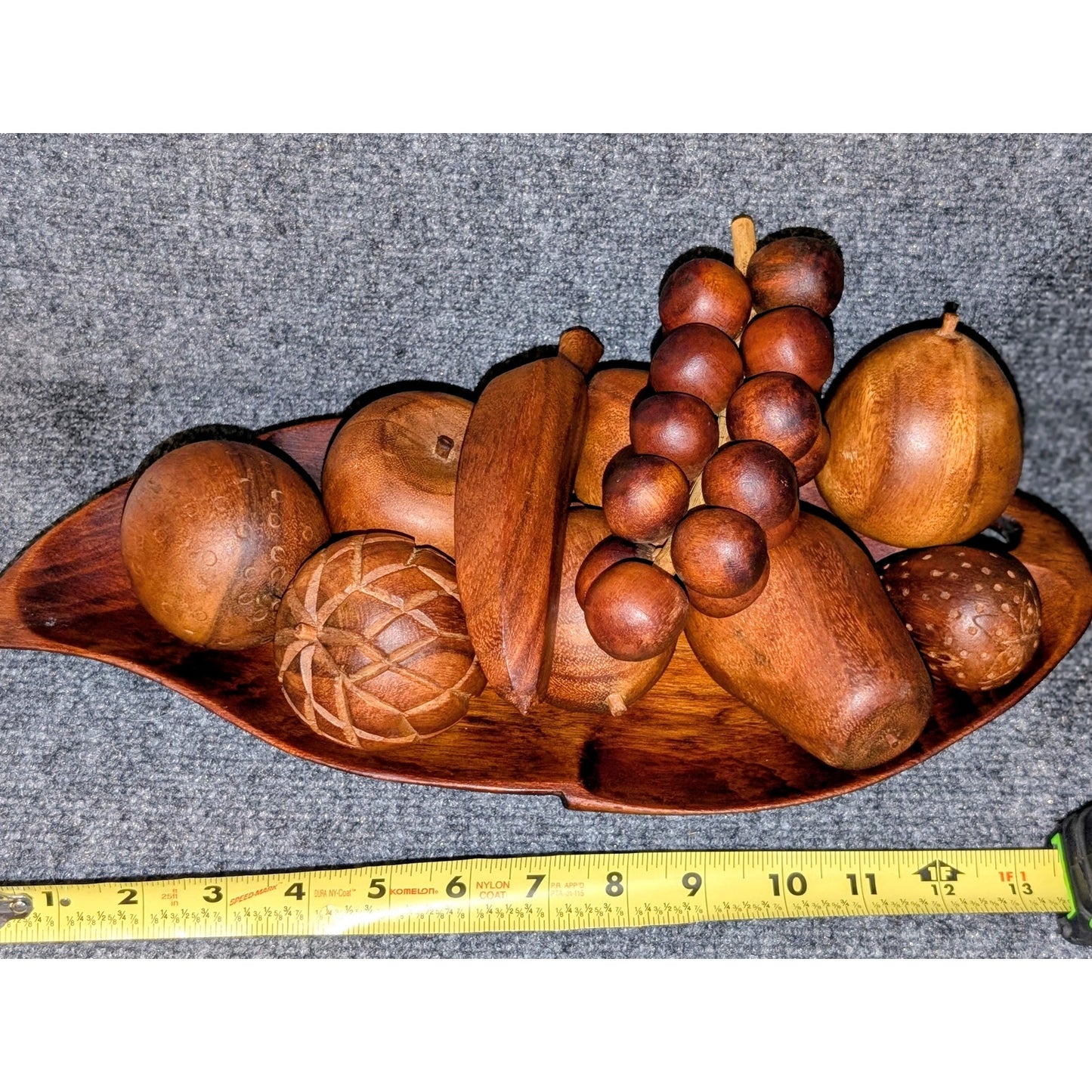 Vintage 1960s MCM 14-Piece Hand-Carved Monkey Pod Wooden Fruit Leaf Bowl Plate