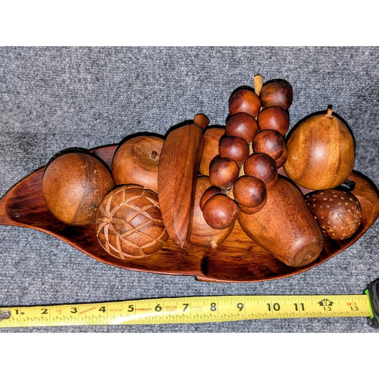 Vintage 1960s MCM 14-Piece Hand-Carved Monkey Pod Wooden Fruit Leaf Bowl Plate