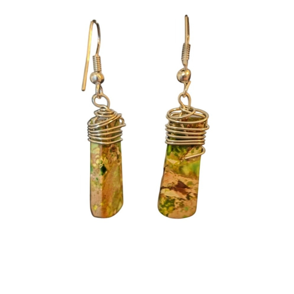 Hand Crafted Green/Brown Wire Wrapped Jasper Stone French Wire Earrings
