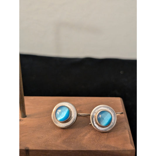 Vintage 925 Sterling Silver Mexico Cat's Eye Moonstone Wire Earrings