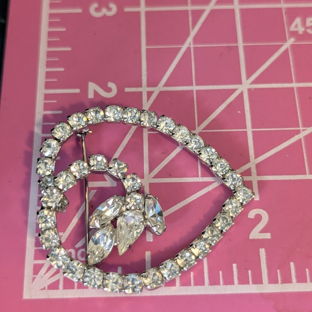 Vintage Round Teardrop Marquis Rhinestone Heart Silver Tone Brooch