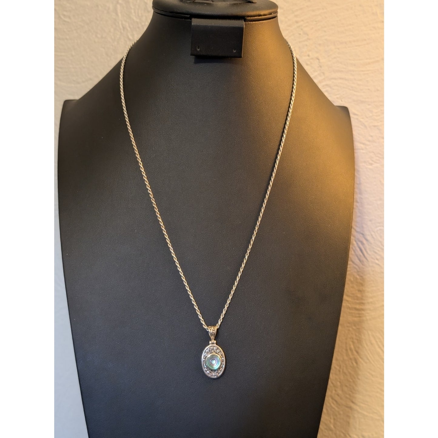 VTG 925 Sterling Silver Filigree Abalone Shell Pendant Rope 24" Chain Necklace