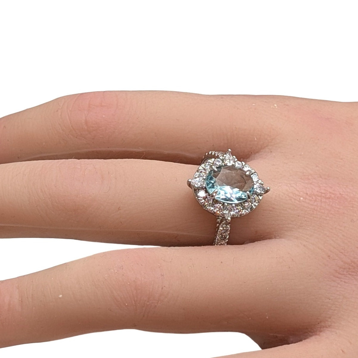 Home Party Light Blue Center Stone & Clear Halo CZ Silver Tone Ring Sz 9