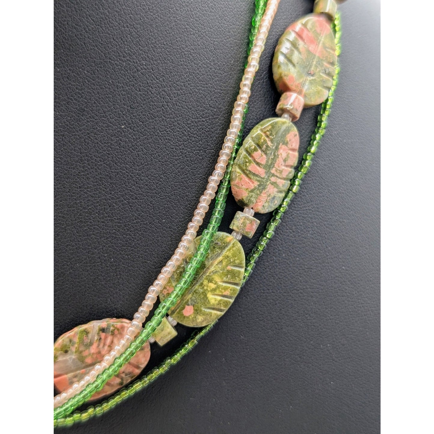 925 Sterling Silver Carved Unakite Stone Multi-Strand Seed Bead Necklace