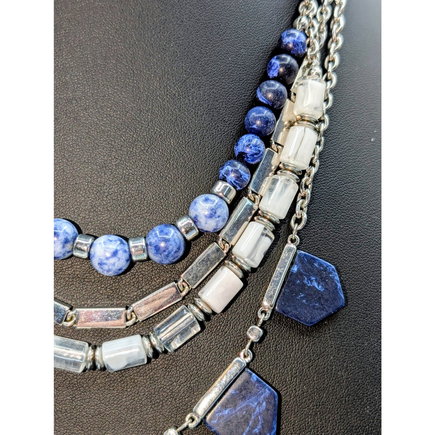 White House Black Market Four Strand Blue Silver Tone Beaded Stone Necklace
