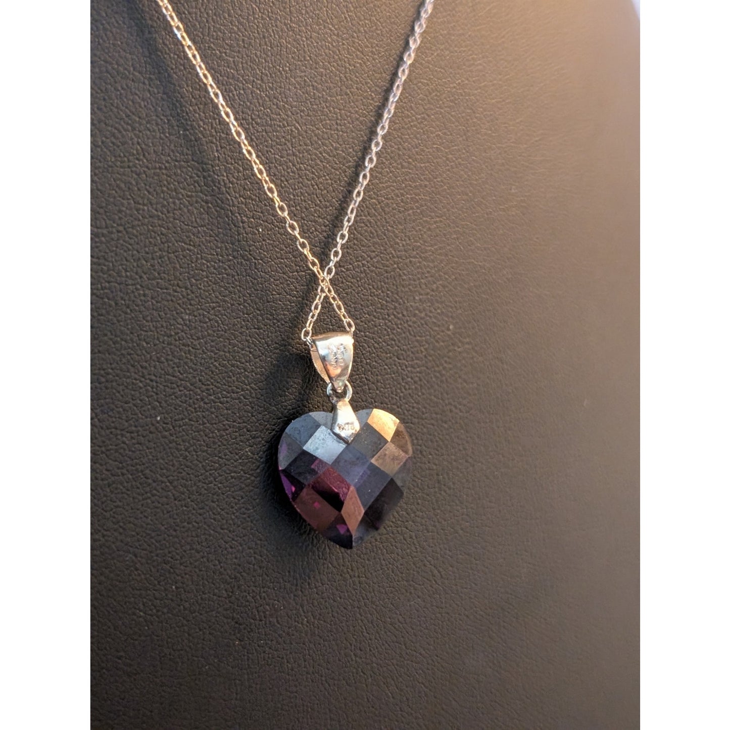 Vintage Faceted Purple Heart Crystal 925 Sterling HAN Pendant 18" Necklace