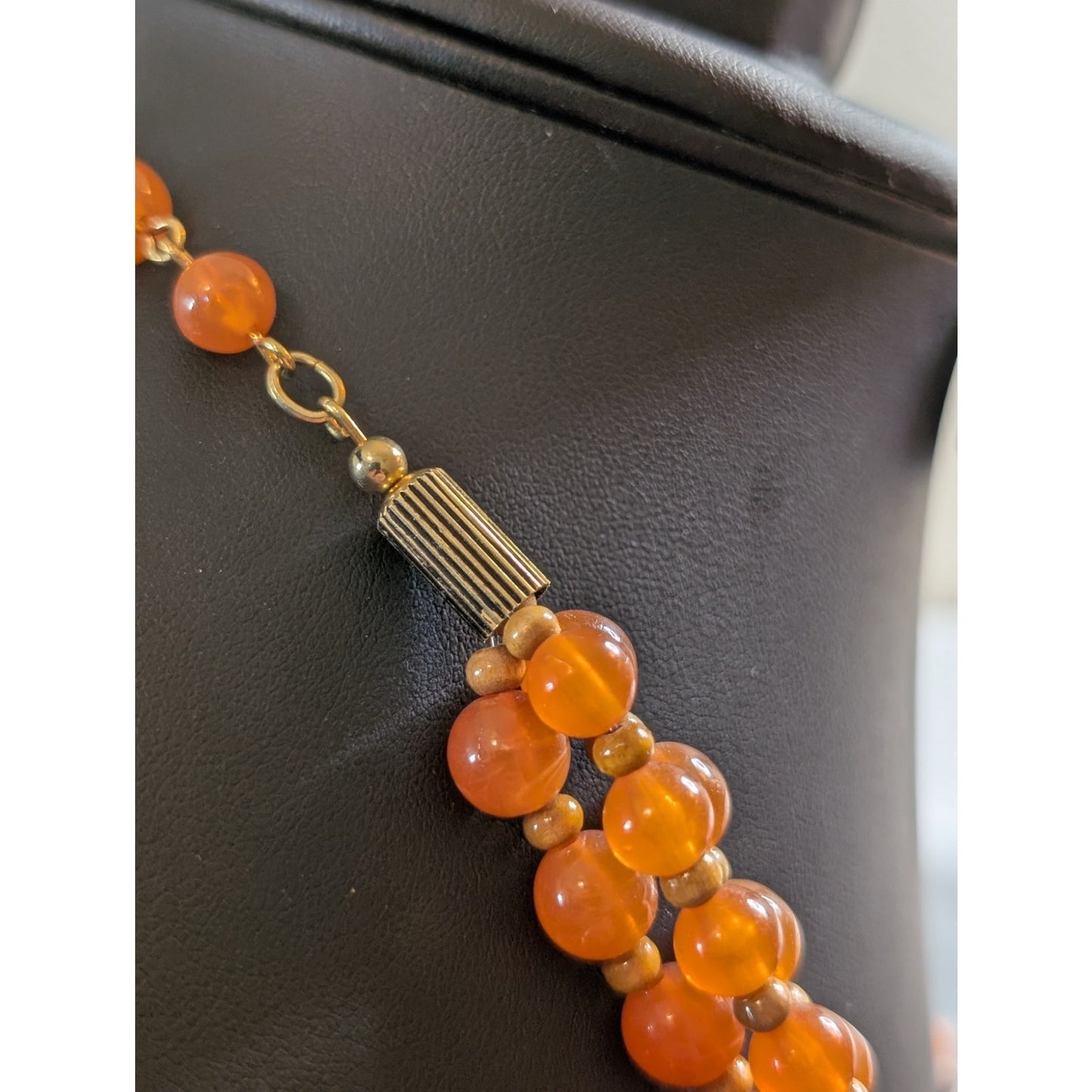 Vintage Signed Avon 3-Strand Faux Amber Carved Cinnabar Wood Bead 35" Necklace