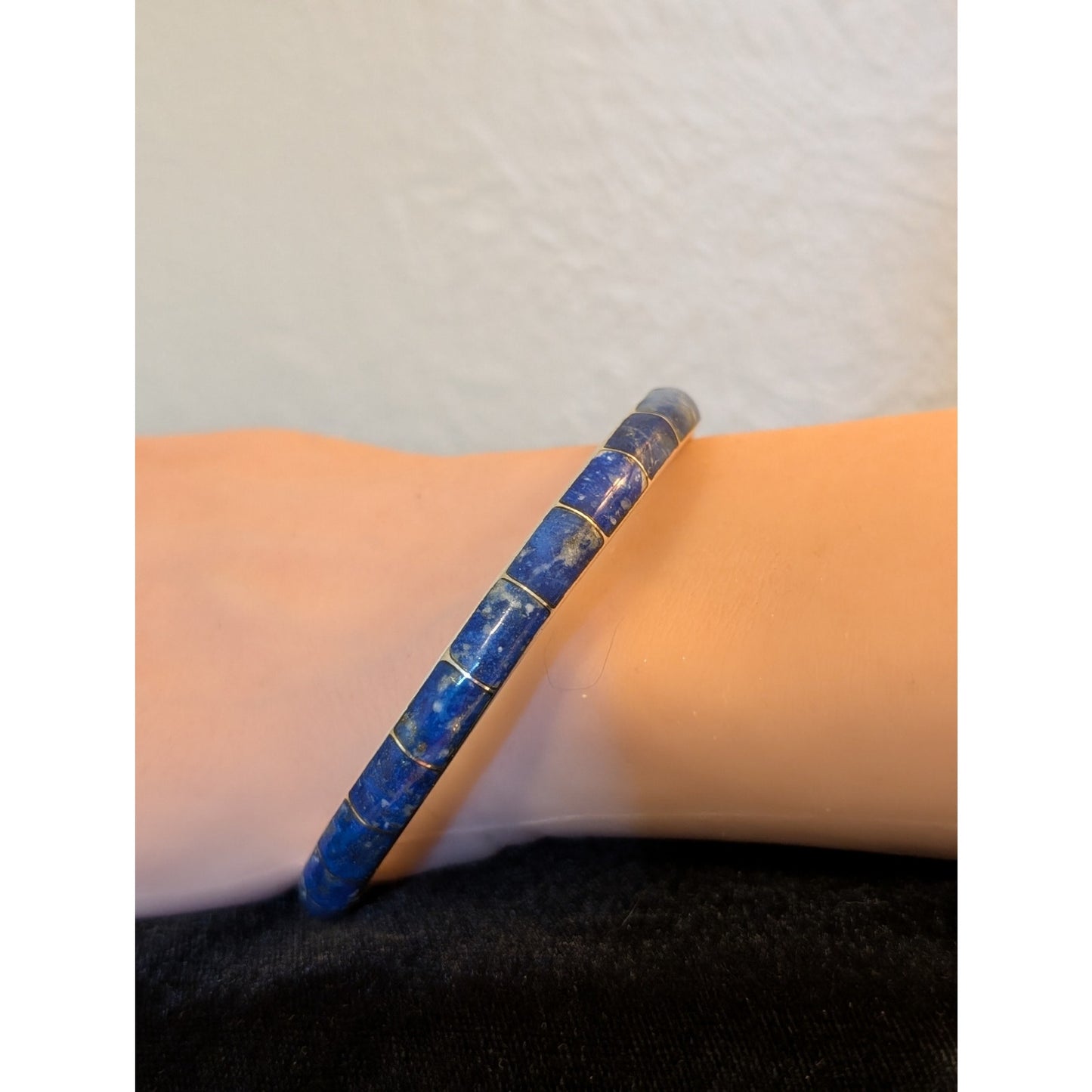 Vintage 950 Sterling Silver Lapis Lazuli Inlay Round Bangle Bracelet